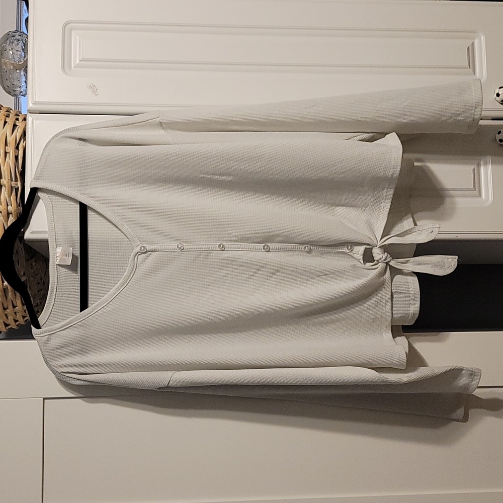 WOMEN'S CASUAL BLOUSE Tie-Front Long Sleeves Relaxed V-Neck Waffle Knit Sz 2X